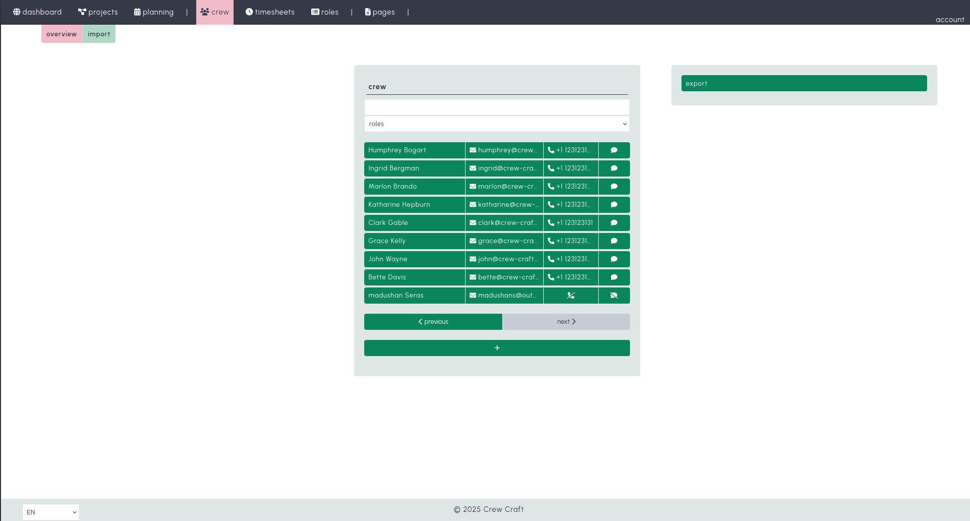 Crew lijst screenshot