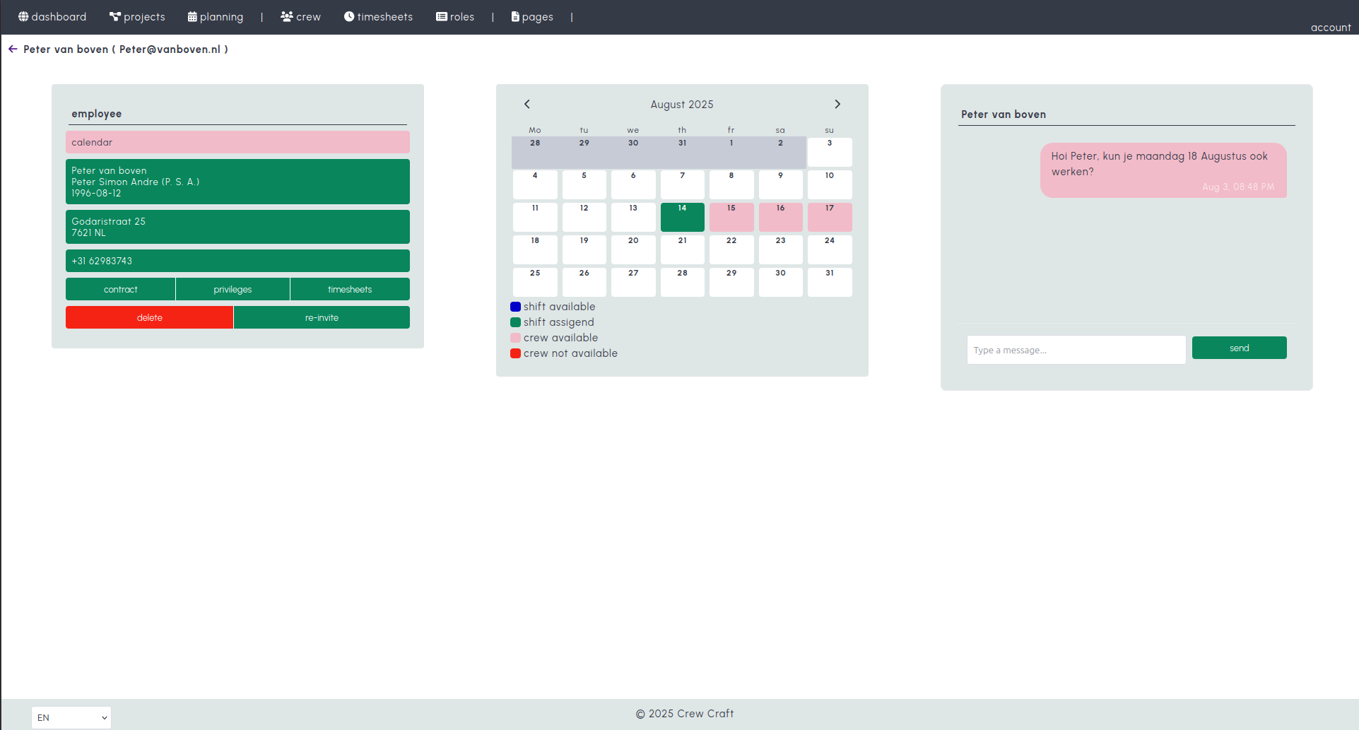 Crew overzicht screenshot